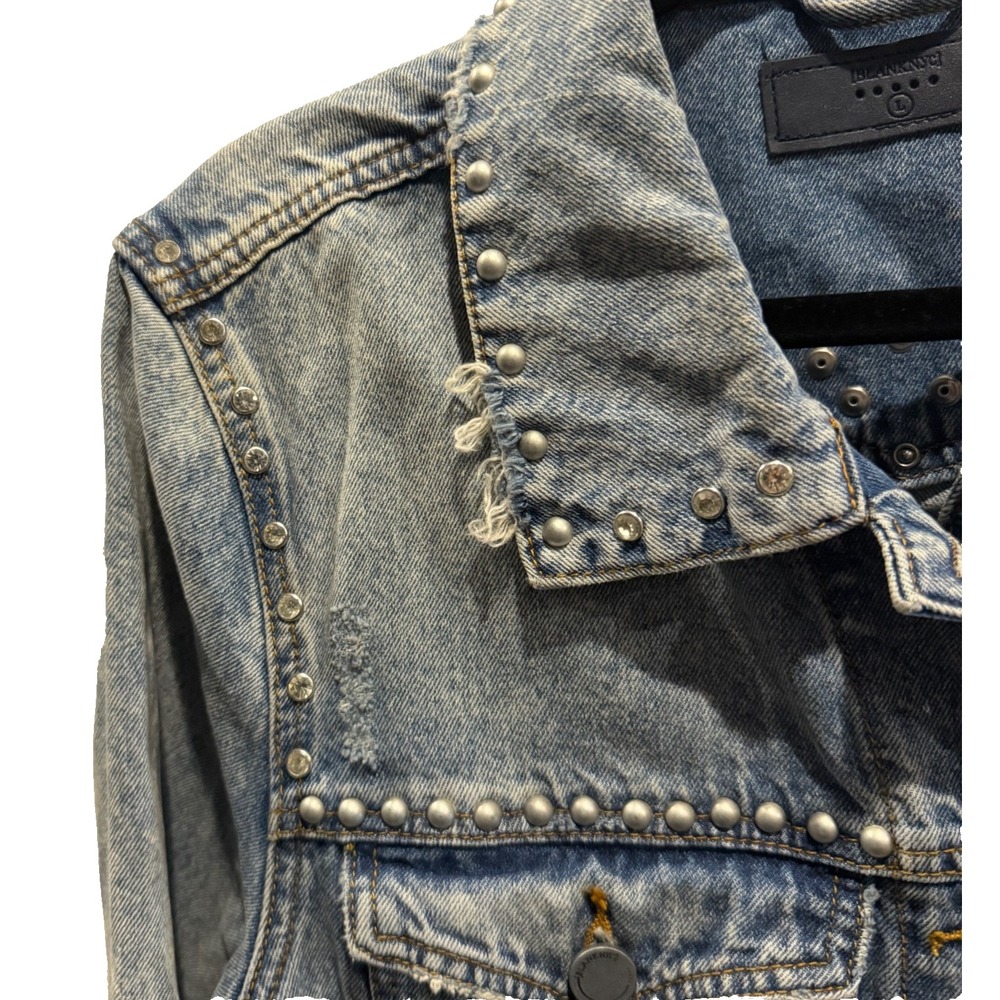 BlankNYC Light Wash‎ Studded Denim Jacket L Distressed Rhinestone Bling Trim Y2K